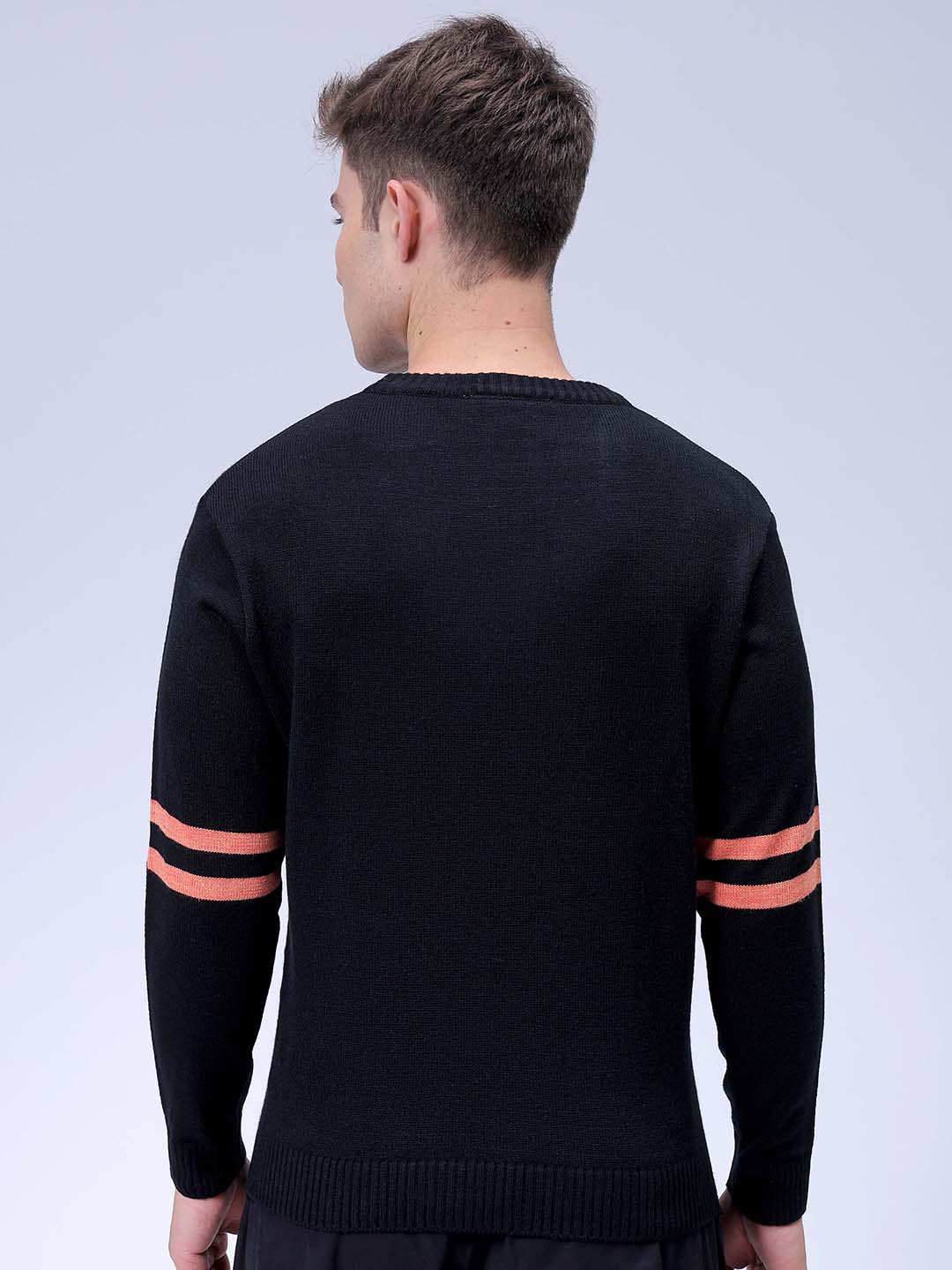 Men's Black Relaxed Fit Character Printed Crew Neck Jacquard  Sweater