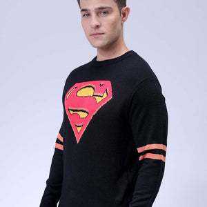 Men's Black Relaxed Fit Character Printed Crew Neck Jacquard  Sweater