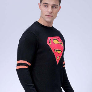 Men's Black Relaxed Fit Character Printed Crew Neck Jacquard  Sweater