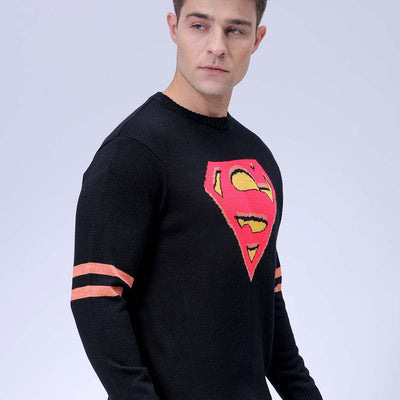 Men's Black Relaxed Fit Character Printed Crew Neck Jacquard  Sweater