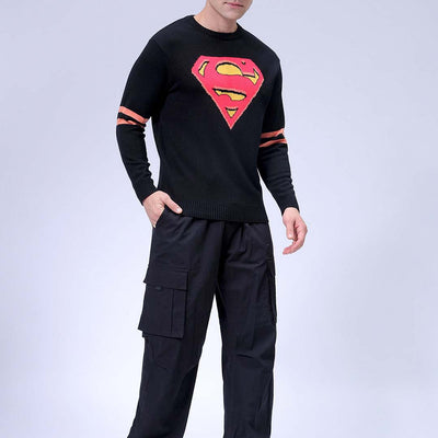 Men's Black Relaxed Fit Character Printed Crew Neck Jacquard  Sweater