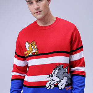 Men's Red Relaxed Fit Tom & Jerry Printed Crew Neck Sweater