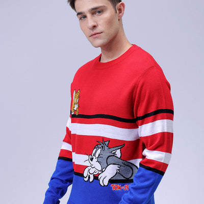 Men's Red Relaxed Fit Tom & Jerry Printed Crew Neck Sweater