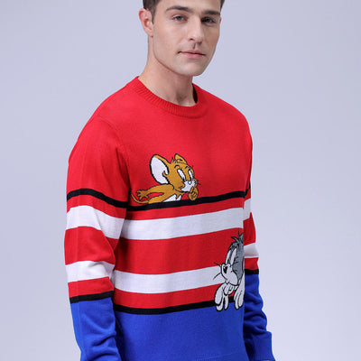 Men's Red Relaxed Fit Tom & Jerry Printed Crew Neck Sweater