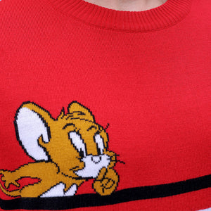 Men's Red Relaxed Fit Tom & Jerry Printed Crew Neck Sweater