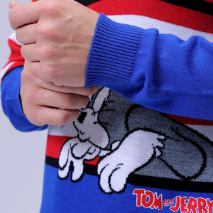 Men's Red Relaxed Fit Tom & Jerry Printed Crew Neck Sweater