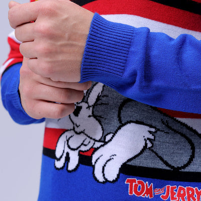 Men's Red Relaxed Fit Tom & Jerry Printed Crew Neck Sweater