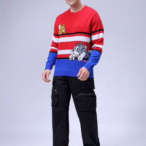 Men's Red Relaxed Fit Tom & Jerry Printed Crew Neck Sweater