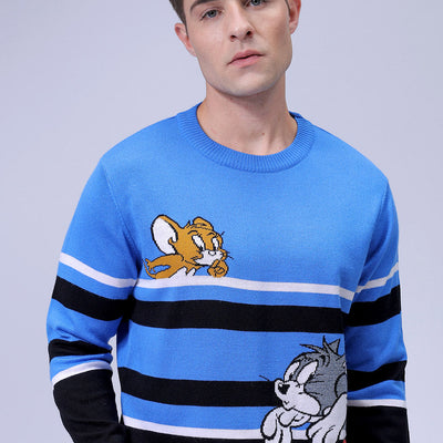 Men's Blue Relaxed Fit Tom & Jerry Printed Crew Neck Sweater