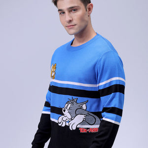 Men's Blue Relaxed Fit Tom & Jerry Printed Crew Neck Sweater