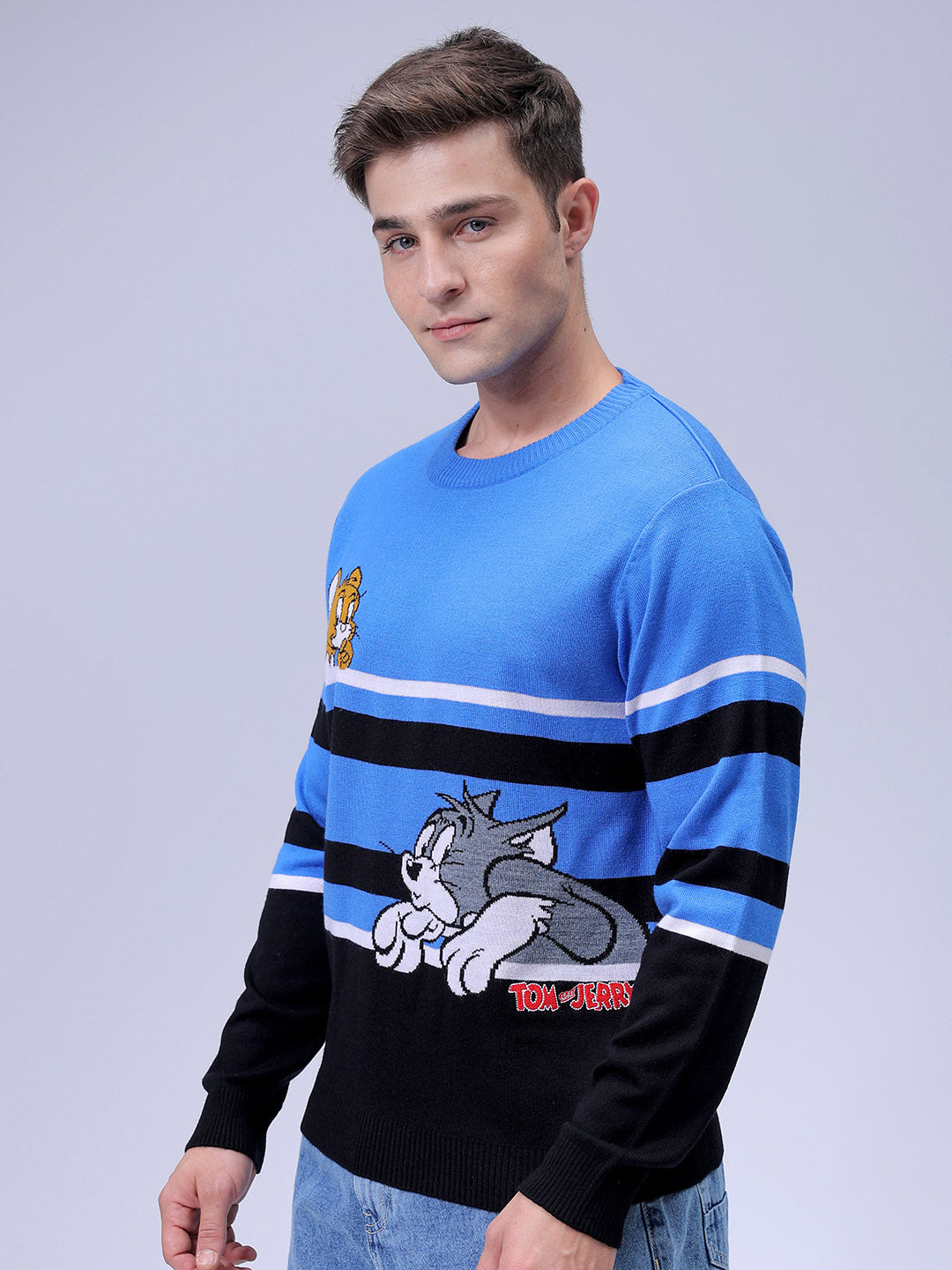 Men's Blue Relaxed Fit Tom & Jerry Printed Crew Neck Sweater