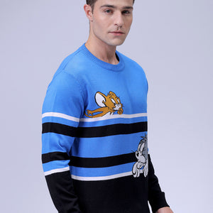 Men's Blue Relaxed Fit Tom & Jerry Printed Crew Neck Sweater