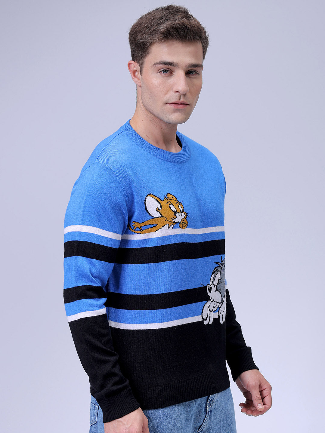 Men's Blue Relaxed Fit Tom & Jerry Printed Crew Neck Sweater