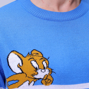 Men's Blue Relaxed Fit Tom & Jerry Printed Crew Neck Sweater