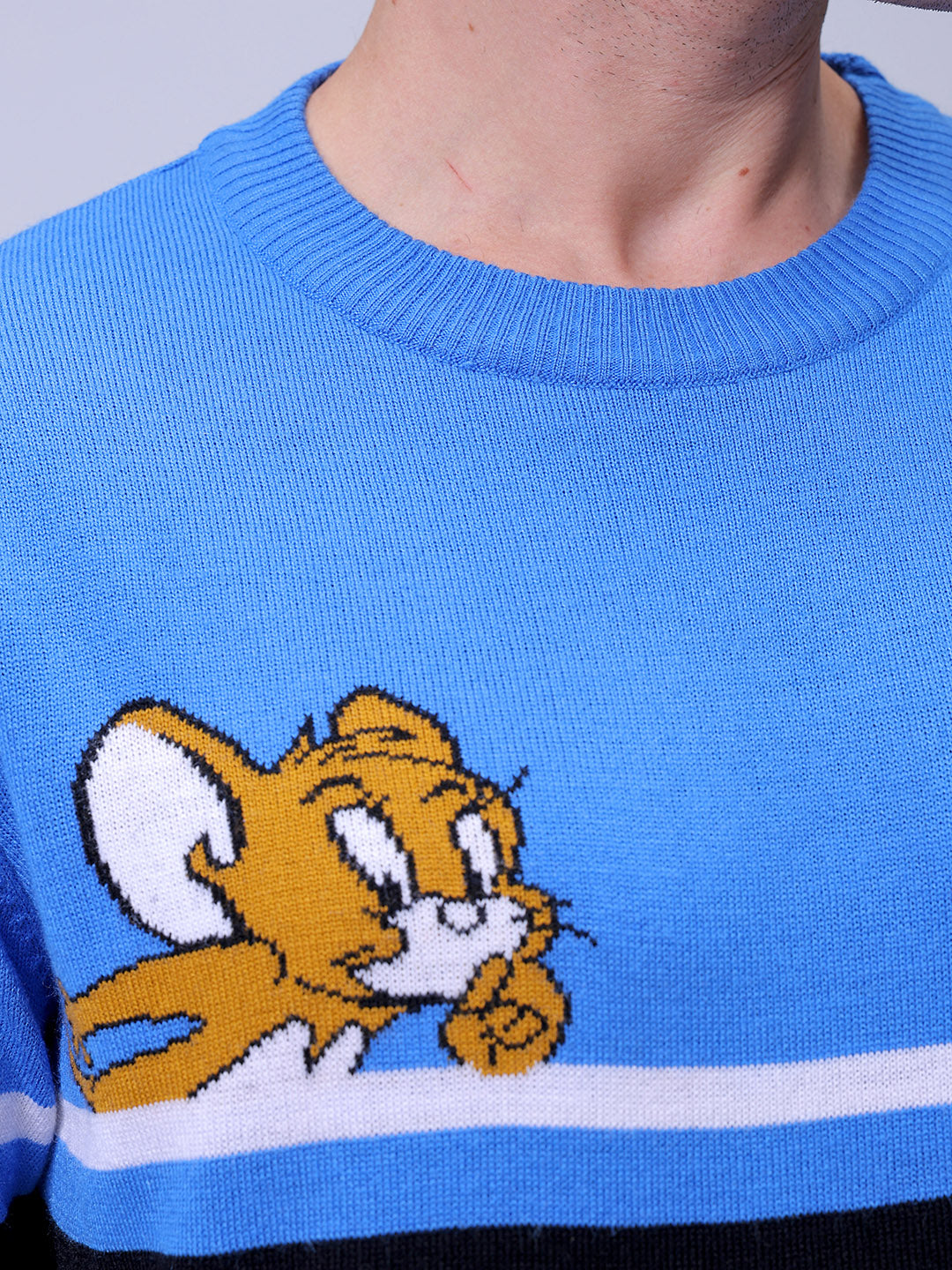 Men's Blue Relaxed Fit Tom & Jerry Printed Crew Neck Sweater