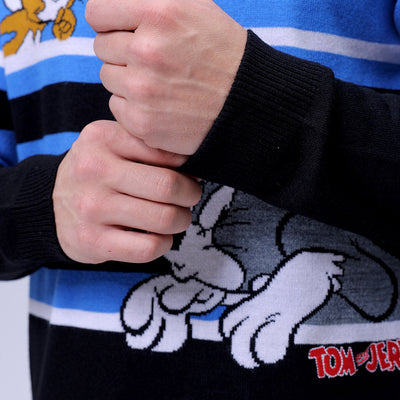 Men's Blue Relaxed Fit Tom & Jerry Printed Crew Neck Sweater