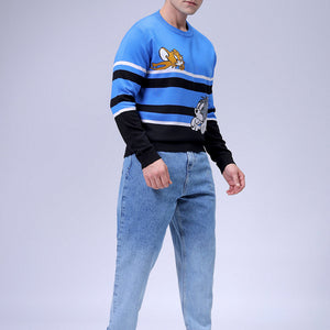 Men's Blue Relaxed Fit Tom & Jerry Printed Crew Neck Sweater