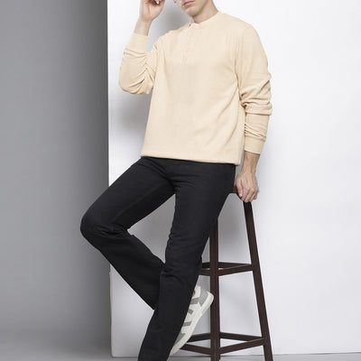 Men's Beige Relaxed Fit Self Design Sweatshirt
