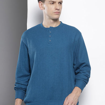 Men's Blue Relaxed Fit Self Design Sweatshirt