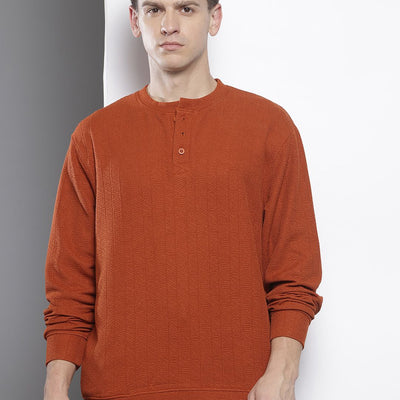 Men's Rust Relaxed Fit Self Design Sweatshirt
