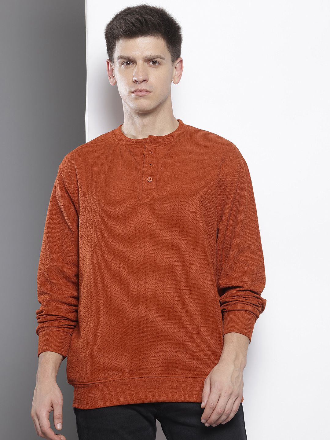 Men's Rust Relaxed Fit Self Design Sweatshirt