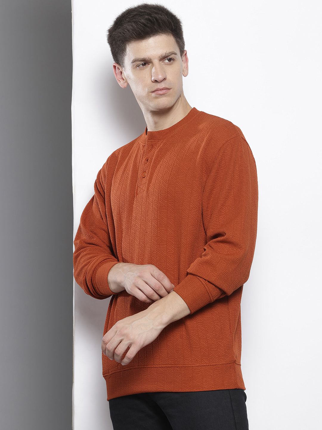 Men's Rust Relaxed Fit Self Design Sweatshirt