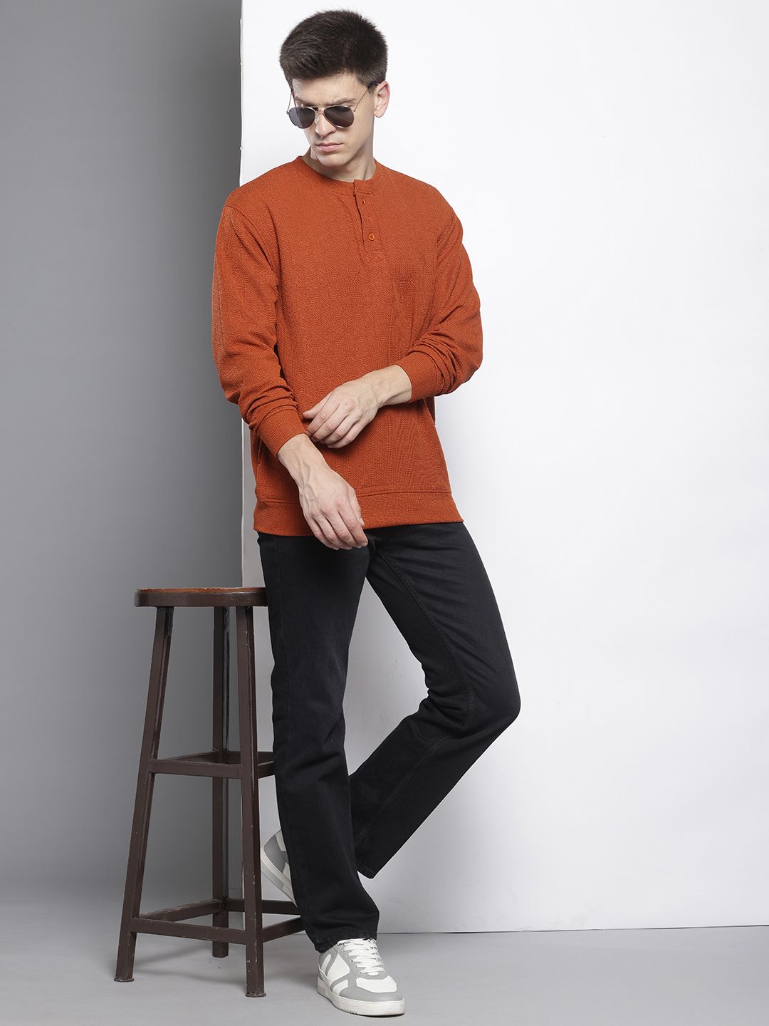 Men's Rust Relaxed Fit Self Design Sweatshirt
