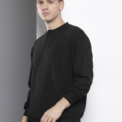Men's Black Relaxed Fit Self Design Sweatshirt