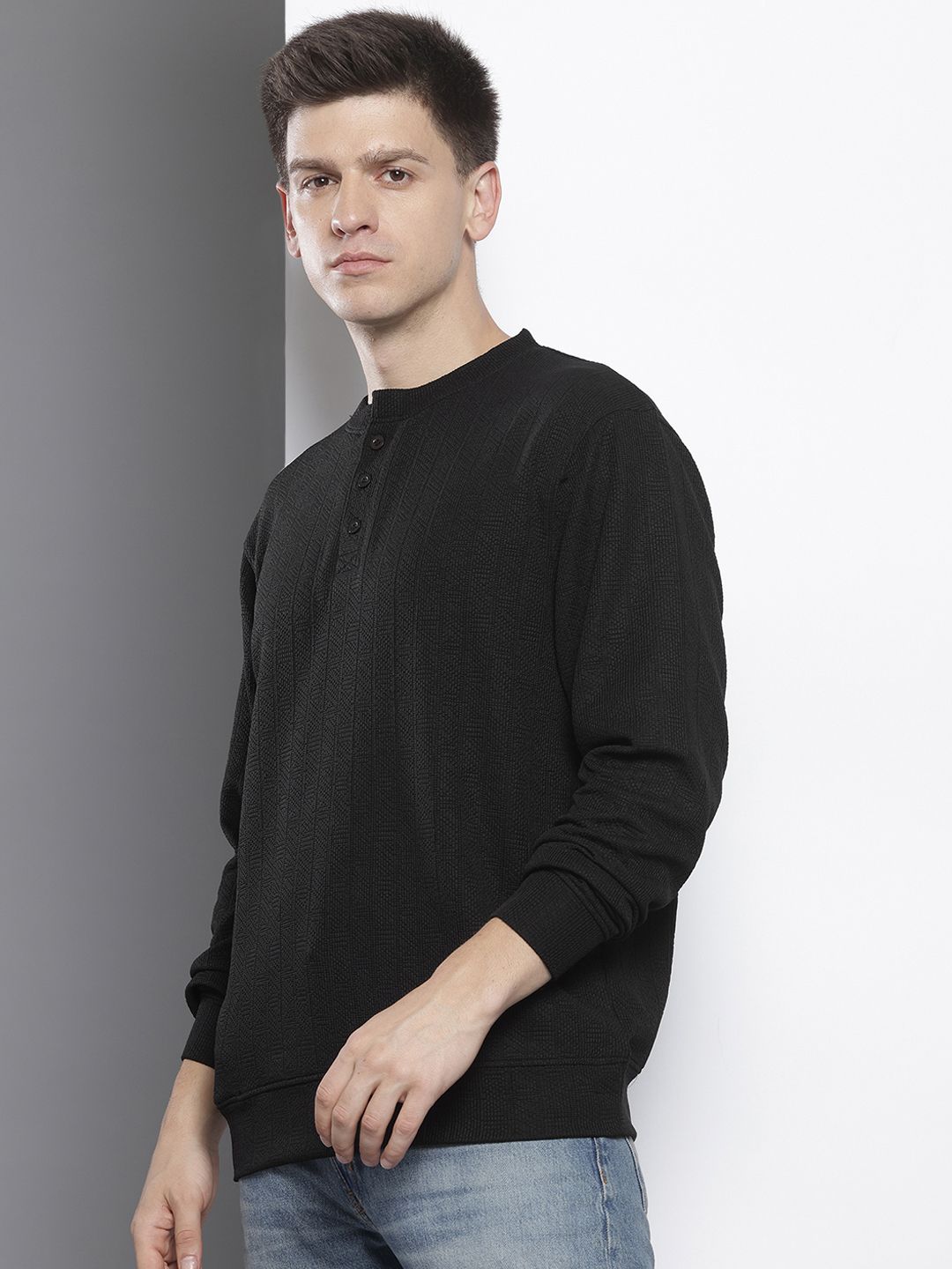 Men's Black Relaxed Fit Self Design Sweatshirt