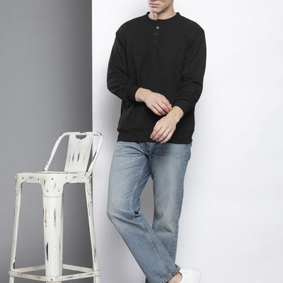 Men's Black Relaxed Fit Self Design Sweatshirt