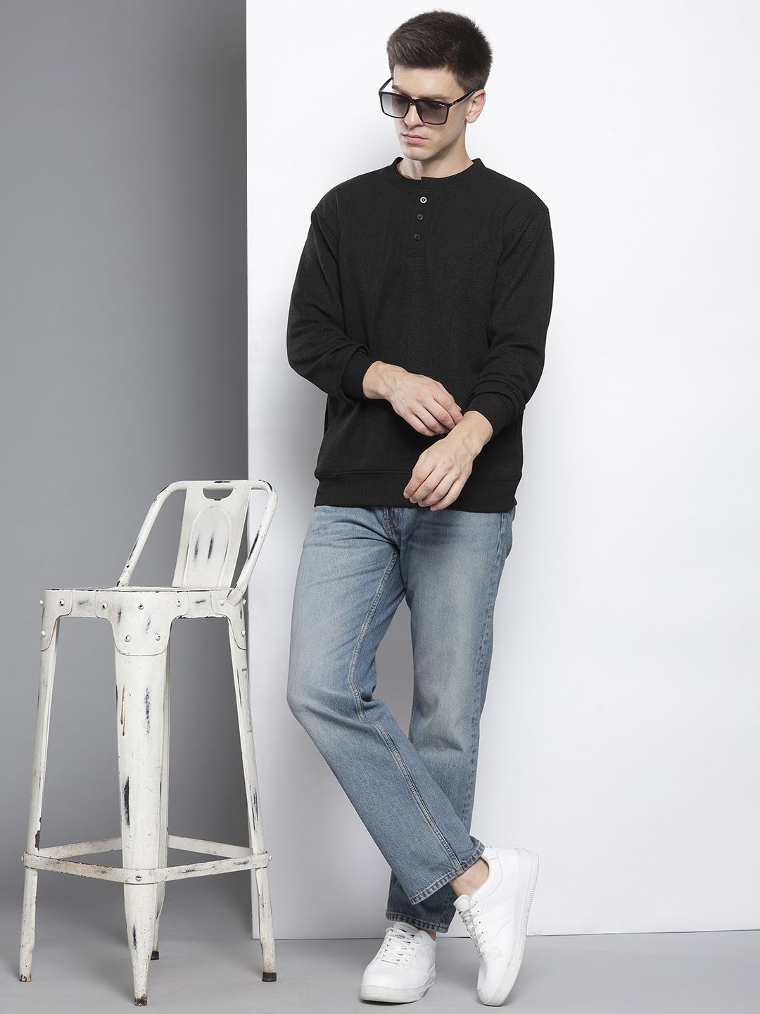 Men's Black Relaxed Fit Self Design Sweatshirt