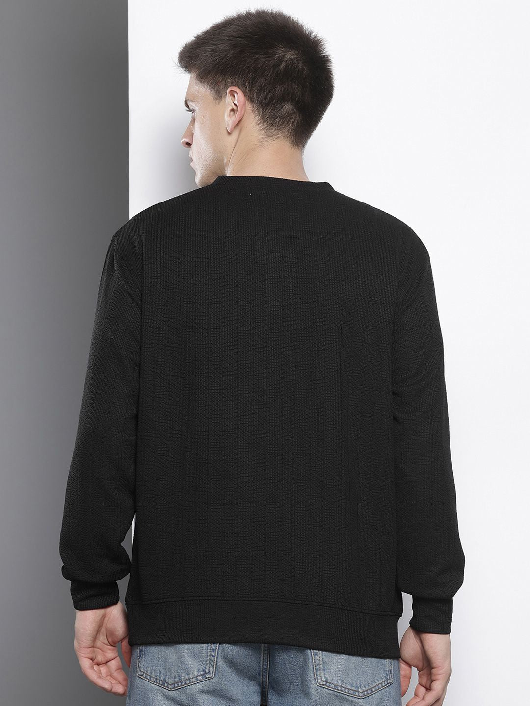 Men's Black Relaxed Fit Self Design Sweatshirt