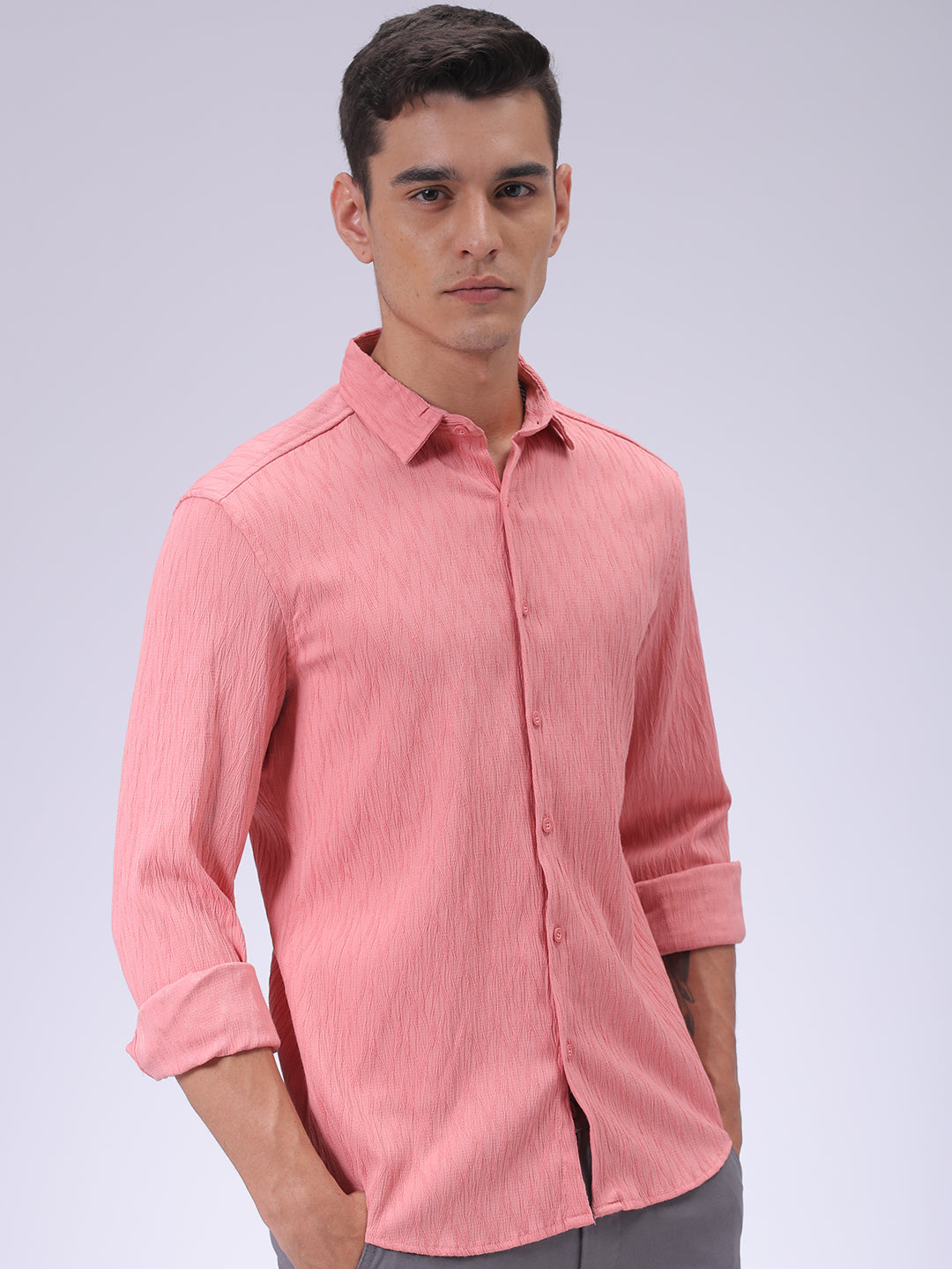 Men's Pink Slim Fit Textured Shirt