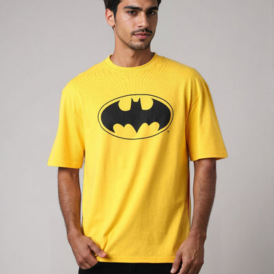 Men's Yellow Boxy Fit Batman Character Back Print T-Shirt