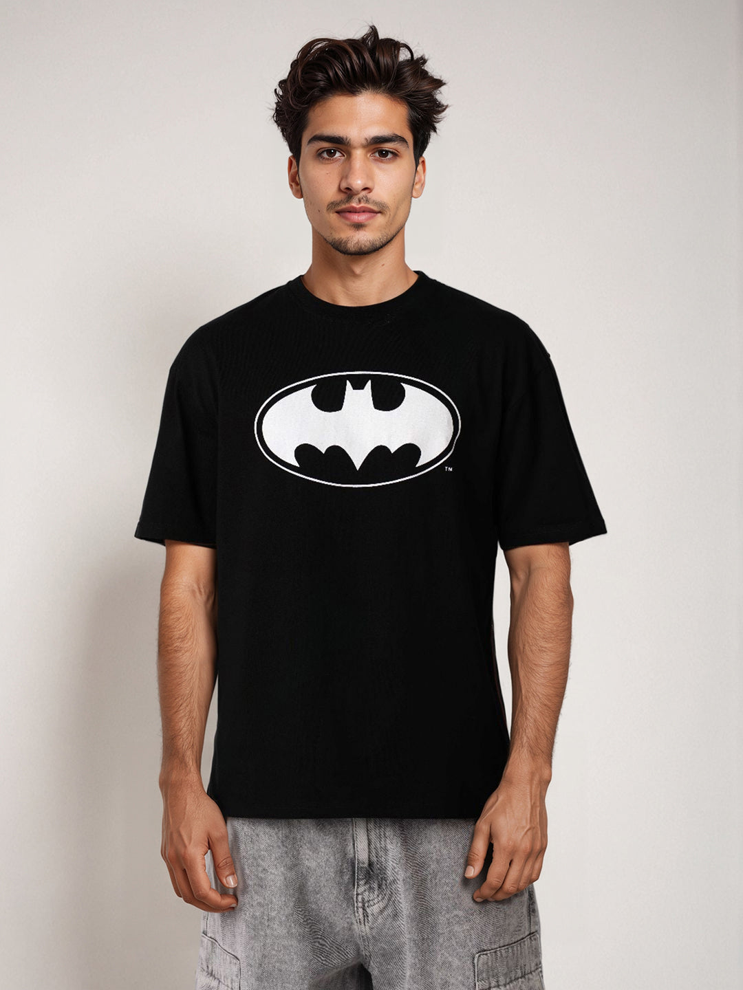Men's Black Boxy Fit Batman Character Back Print T-Shirt