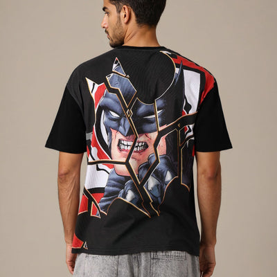 Men's Black Boxy Fit Batman Character Back Print T-Shirt