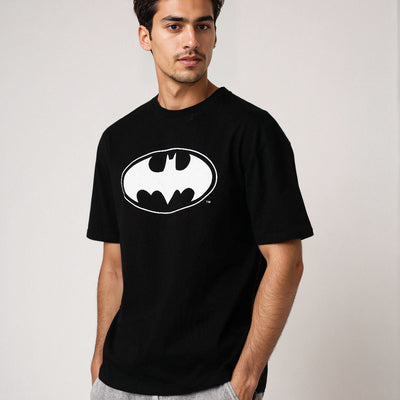 Men's Black Boxy Fit Batman Character Back Print T-Shirt