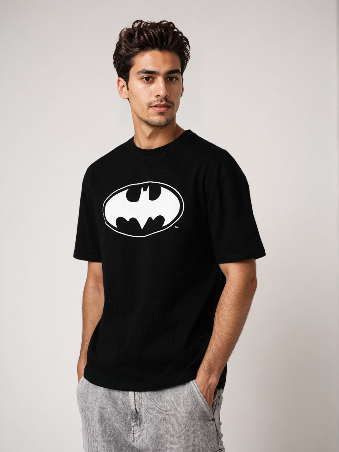 Men's Black Boxy Fit Batman Character Back Print T-Shirt