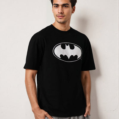 Men's Black Boxy Fit Batman Character Back Print T-Shirt
