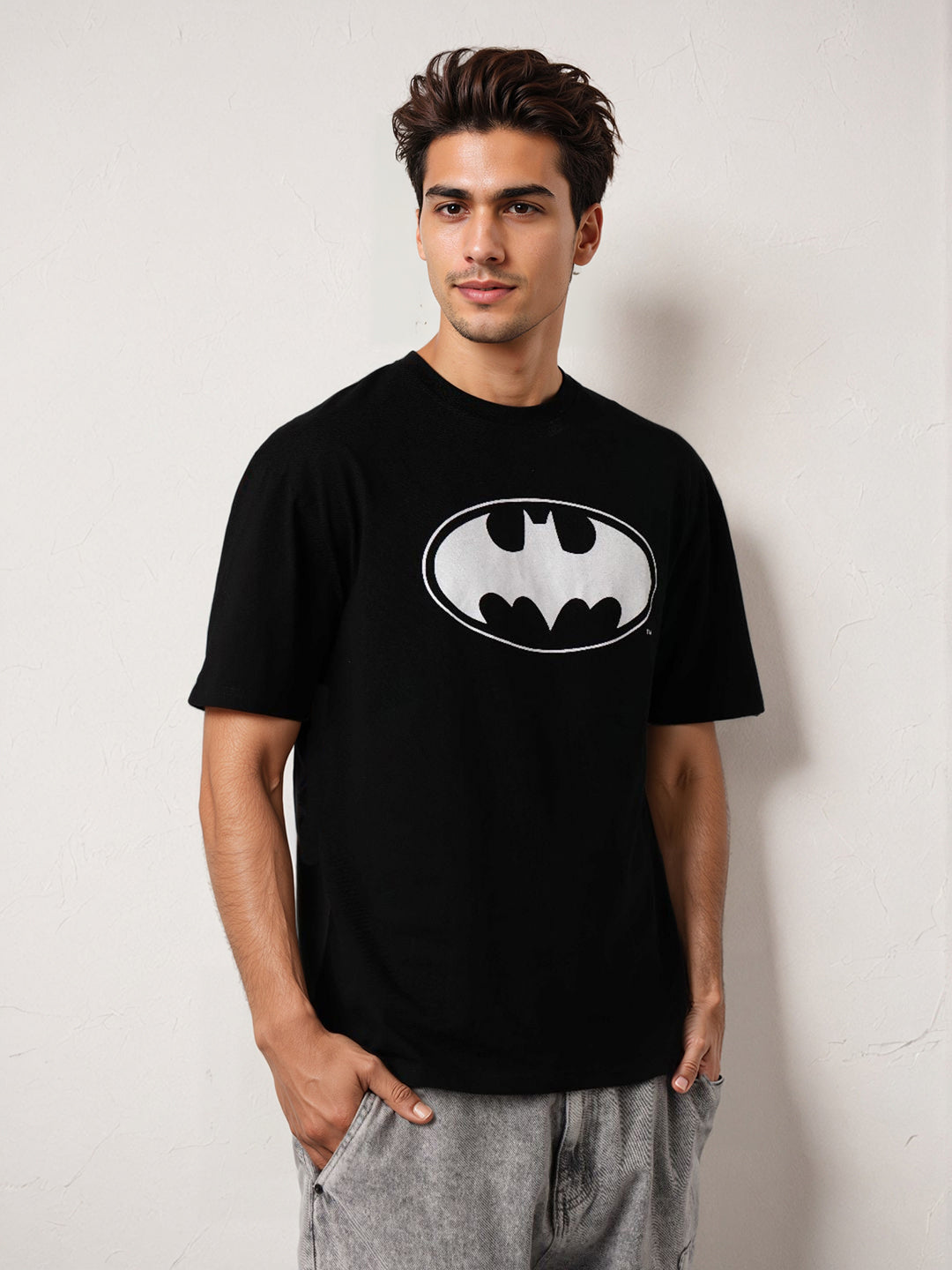 Men's Black Boxy Fit Batman Character Back Print T-Shirt