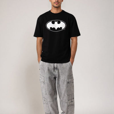 Men's Black Boxy Fit Batman Character Back Print T-Shirt