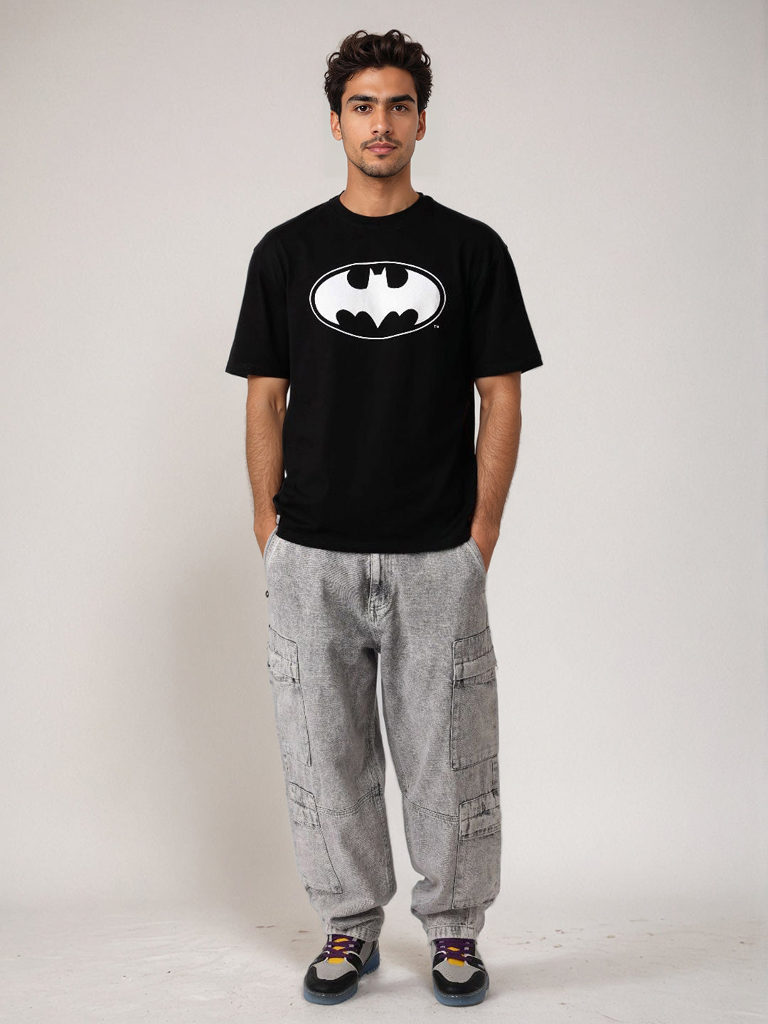 Men's Black Boxy Fit Batman Character Back Print T-Shirt