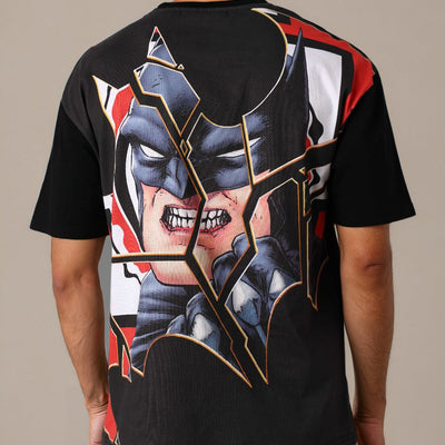 Men's Black Boxy Fit Batman Character Back Print T-Shirt