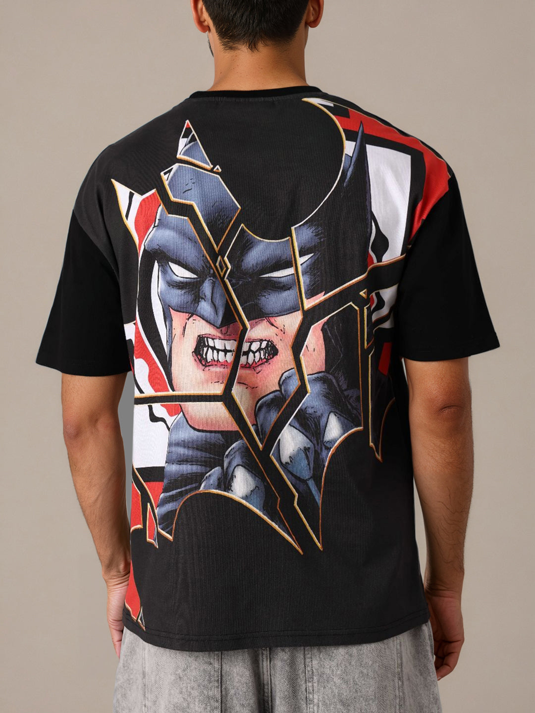 Men's Black Boxy Fit Batman Character Back Print T-Shirt
