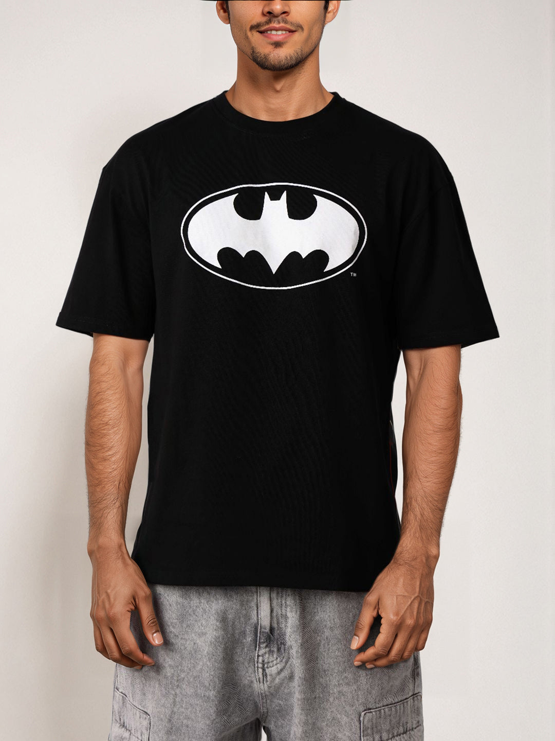 Men's Black Boxy Fit Batman Character Back Print T-Shirt