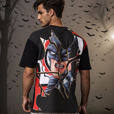 Men's Black Boxy Fit Batman Character Back Print T-Shirt