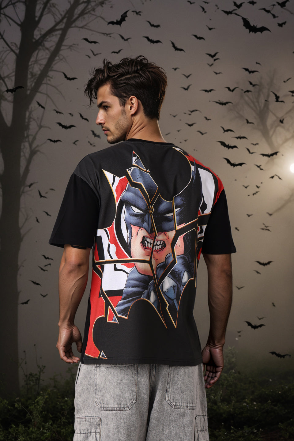 Men's Black Boxy Fit Batman Character Back Print T-Shirt