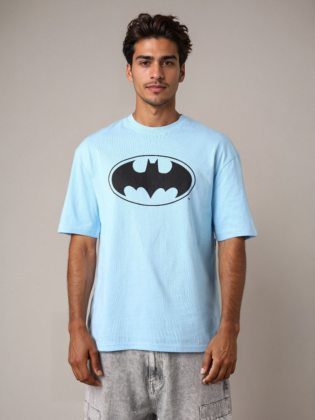 Men's Blue Boxy Fit Batman Character Back Print T-Shirt