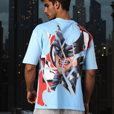 Men's Blue Boxy Fit Batman Character Back Print T-Shirt