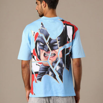 Men's Blue Boxy Fit Batman Character Back Print T-Shirt